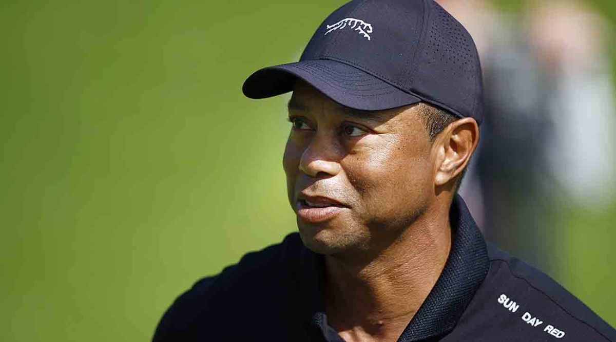 Tiger Woods looks on as he practices prior to the 2024 Genesis Invitational at Riviera Country Club in Pacific Palisades, Calif.